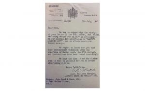 Letter from Lloyds of London to John Good Shipping